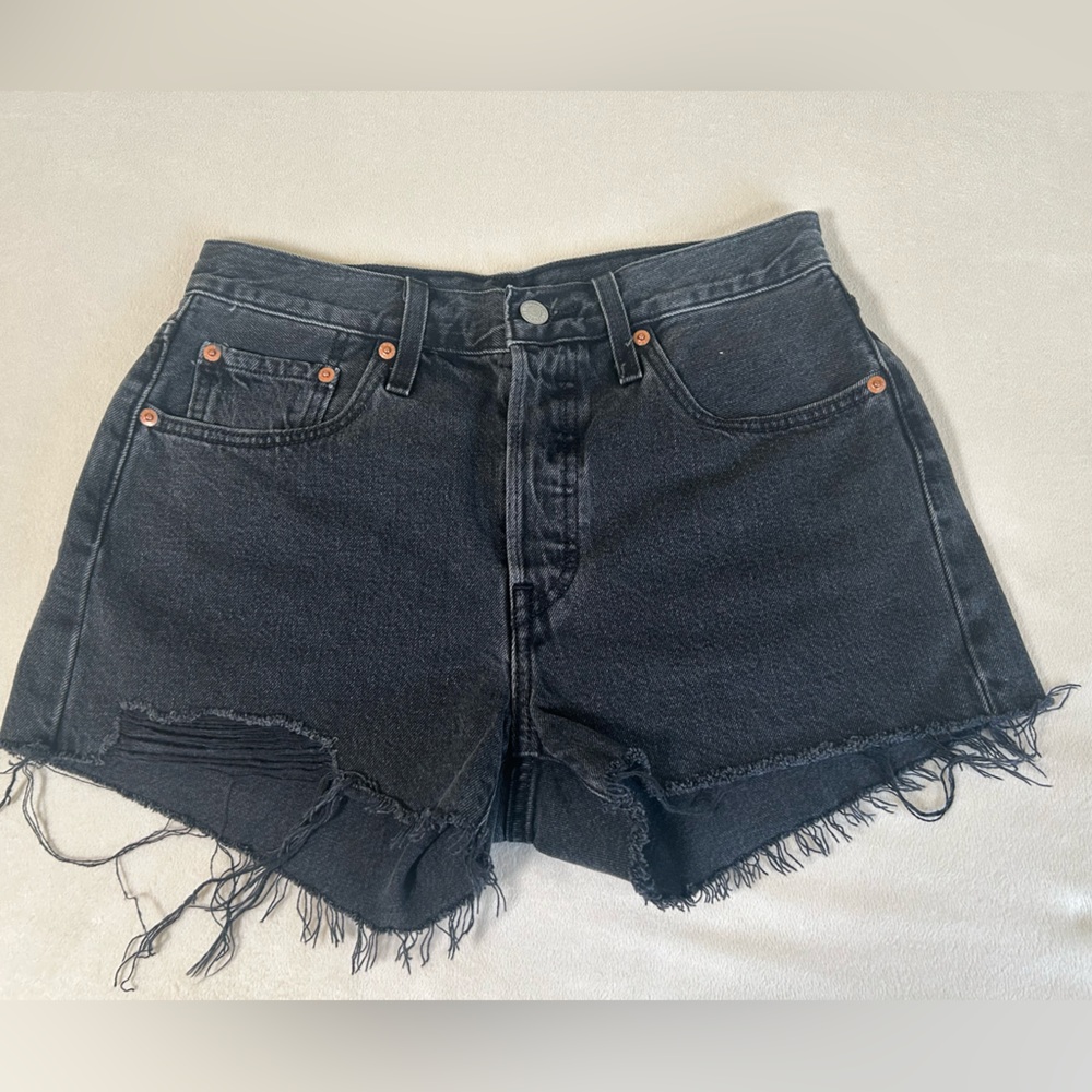 Levi's 501 Vintage Black Distressed Jean Shorts High Waisted Button Fly Size 27